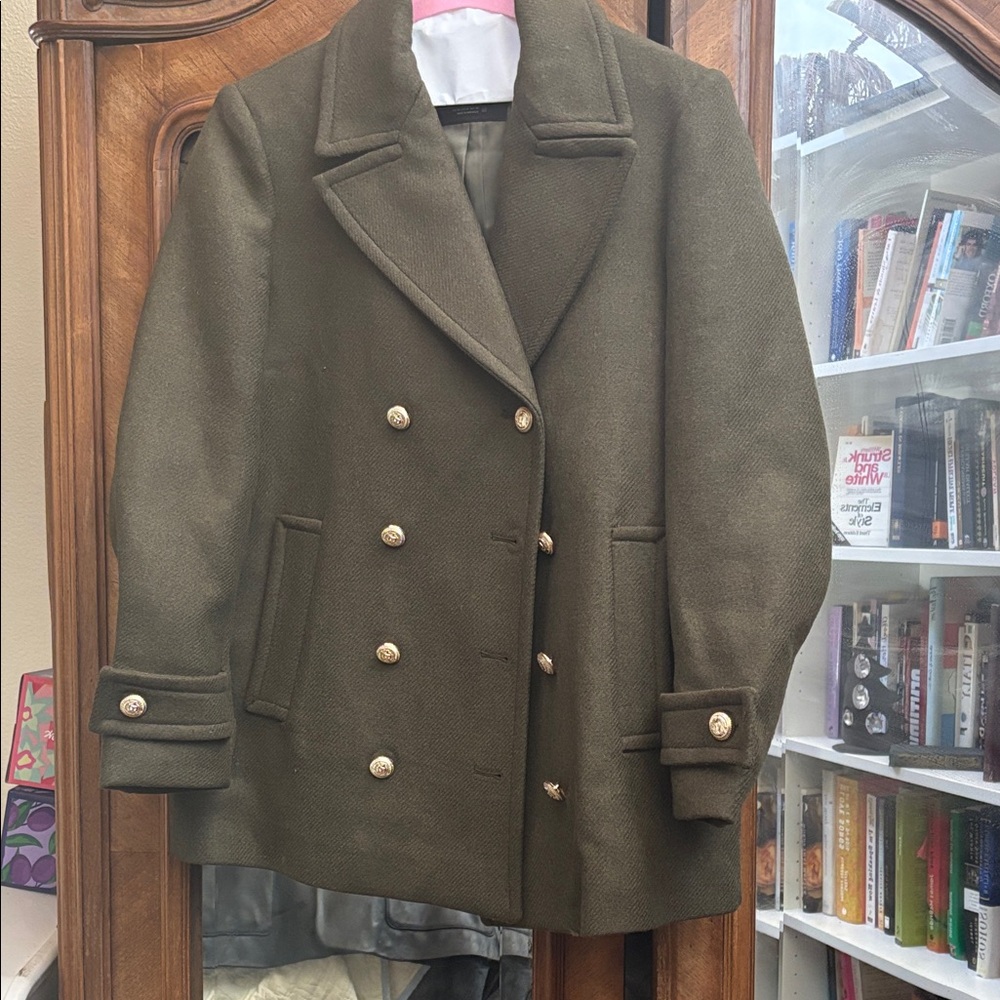 Zara Olive Double-Breasted Pea Coat